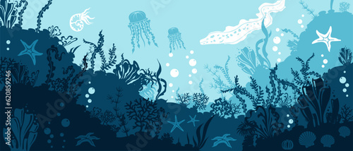 Underwater panoramic background. Corals and reef wildlife scene. Vector illustration with deep marine inhabitants.