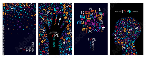 Discovery and learning conceptual illustration. Posters with texture from rainbow letters and human head and hand design elements