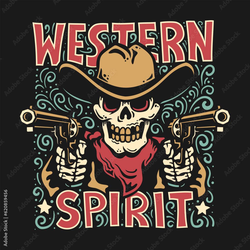 Western cowboy skull in a hat with guns - print design for a t-shirt or something bigger. Bandit skull from the Wild West - retro-style print.