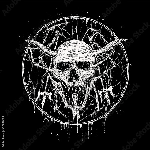 death metal skull illustration made with pen technique
