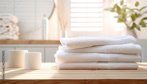 soft focused brighti light bathroom with towel stack on table, Generative Ai