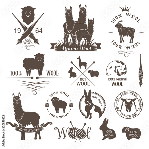 Wool labels, signs and design elements. Logo set of sheep, alpaca, rabbit and goat wool. Stickers and emblems for 100% natural wool products.