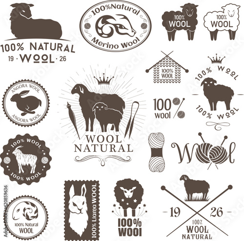 Wool labels and stickers. Logo set of sheep, alpaca, rabbit and goat wool. Signs and emblems for 100% natural wool products.