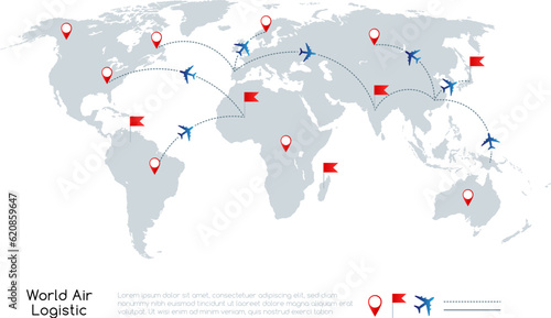 Global air logistic concept. Vector illustration of world map with air planes and traffic lines.