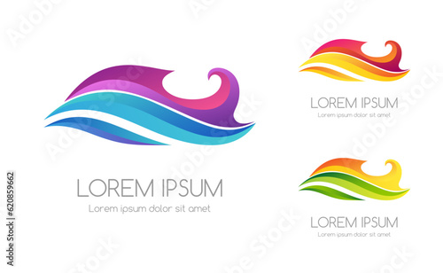 Wave and fish colorful emblem. Conceptual vector for design of oceanarium, aquarium or diving and surfing.