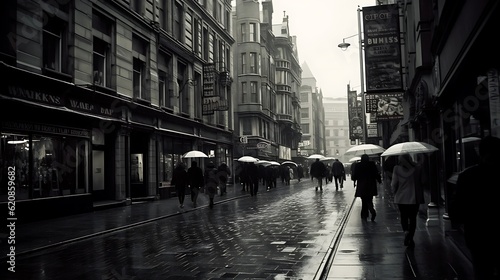 雨の日の街のモノクロ風景 generative ai