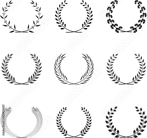 Award wreath collection. Vector decoration elements. Round foliate frames for certificate design, achievement, anniversary or heraldic emblems.