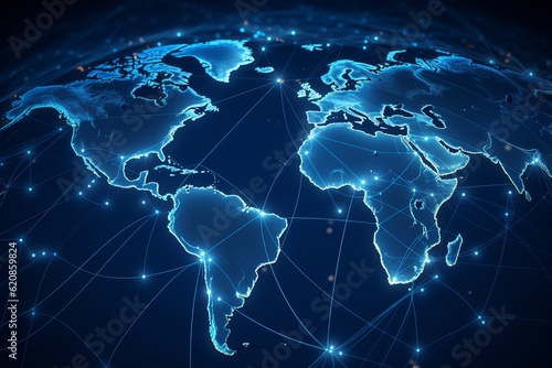 world map and globeal connection, Futuristic Digital Connections: Stylish CGI World Globe in Blue, Symbolizing Human Connectivity #620859824