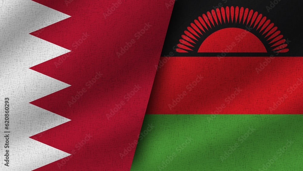 Malawi and Bahrain Realistic Two Flags Together, 3D Illustration