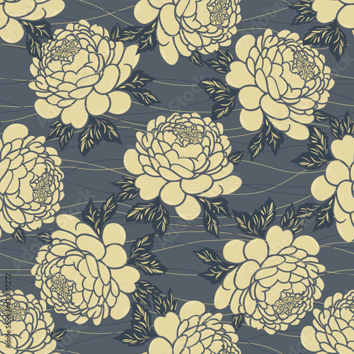 Golden peonies seamless pattern. Floral background in oriental style. Lush peony blossom  rose print for textile  digital paper  wallpaper and design  vector illustration