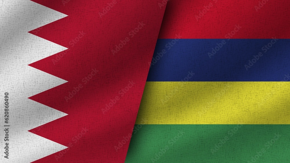 Mauritius and Bahrain Realistic Two Flags Together, 3D Illustration