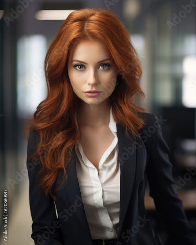 Vertical close up of a redhead businesswoman with her workspace on the background. Generative AI