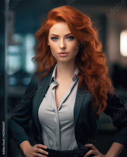 Vertical close up of a redhead businesswoman with her workspace on the background. Generative AI