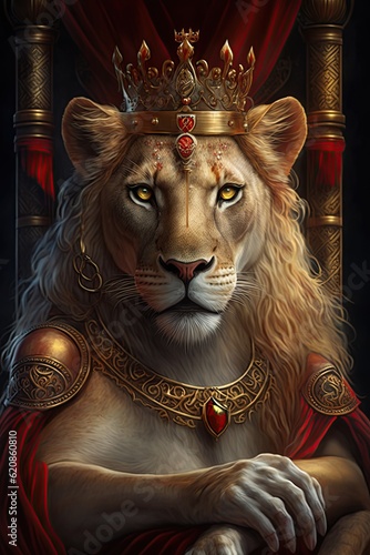 A majestic  regal lion sits on a throne. The ruler - the royal lion dressed in a red mantle with her  royal attributes  closeup. The lioness queen. Generative AI