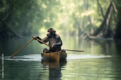 Fotografiet a monkey rowing a canoe