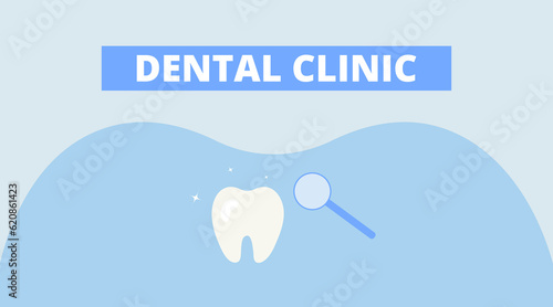 Banner or web page template for dental clinic and dental services.
Tooth and dental mirror on a blue background.
Flat vector illustration eps 10.