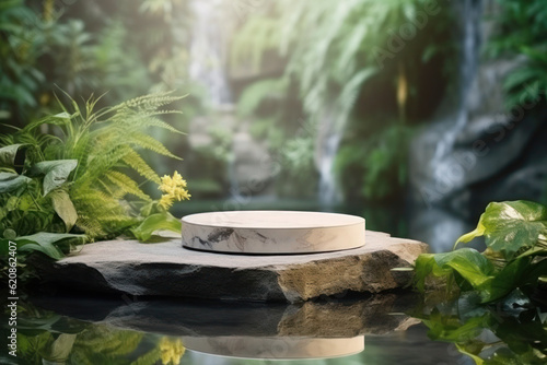 Natural podium stone mockup on fresh forest environment background for cosmetic and beauty product display. Generative AI