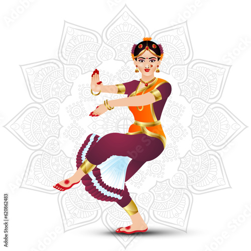 Beautiful Vector design of a woman performing the national Indian Bharatanatyam folk dance and wearing a traditional Indian sari. photo