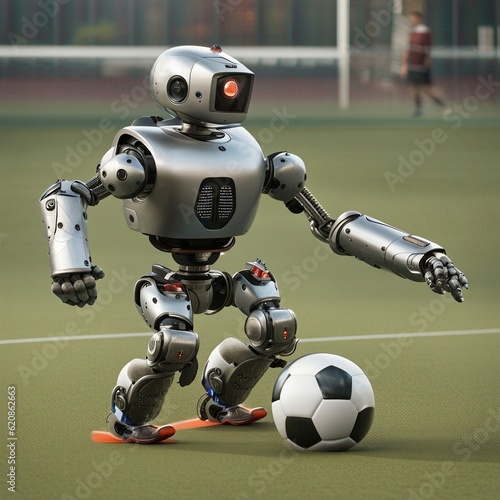 Robot soccer player with a ball. AI-generated.