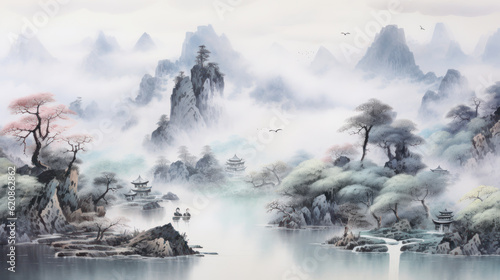 Chinese ink mountian watercolor landscape background illustration. Generative AI © ABC Vector