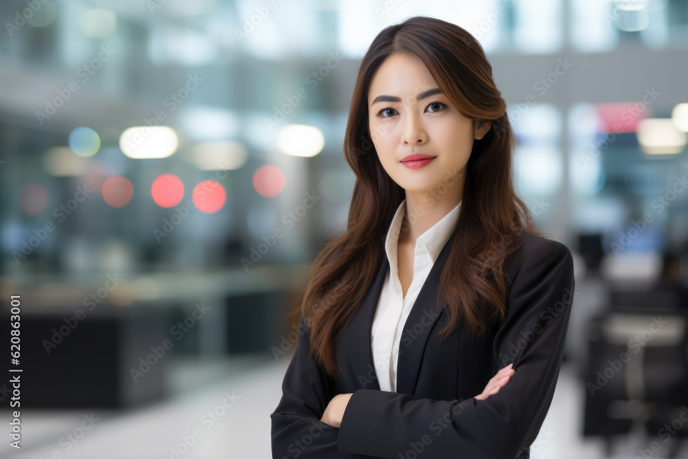 Close up of a Japanese businesswoman with her workspace on the background. Generative AI Close up of a Japanese businesswoman with her workspace on the background. Generative AI