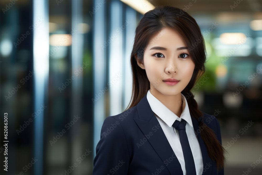 Close up of a Japanese businesswoman with her workspace on the background. Generative AI Close up of a Japanese businesswoman with her workspace on the background. Generative AI