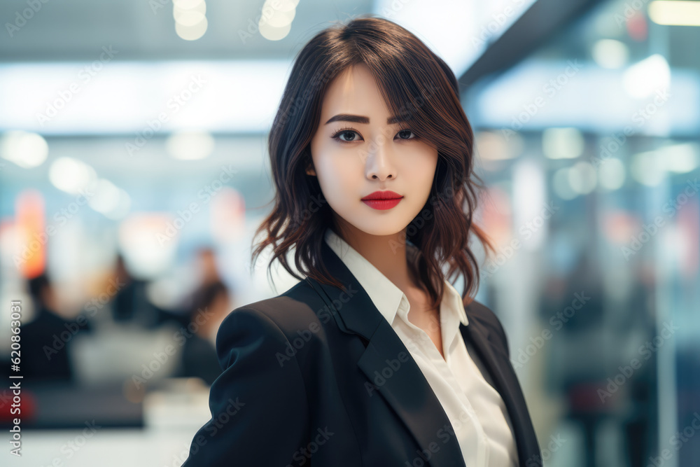 Close up of a Japanese businesswoman with her workspace on the background. Generative AI Close up of a Japanese businesswoman with her workspace on the background. Generative AI