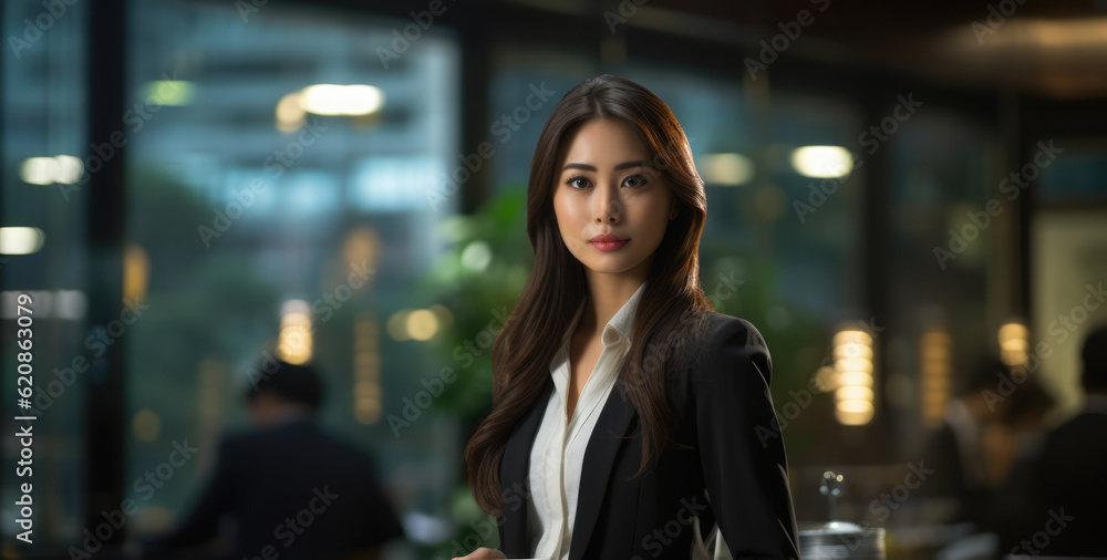 Close up of a Japanese businesswoman with her workspace on the background. Generative AI Close up of a Japanese businesswoman with her workspace on the background. Generative AI