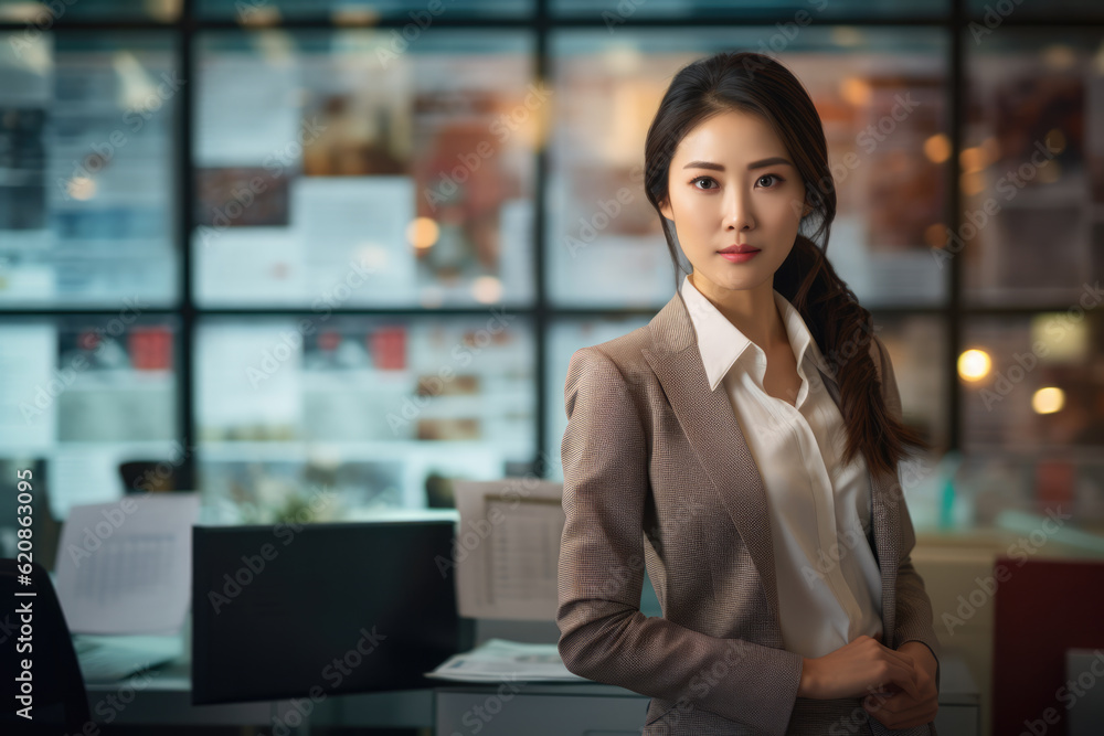 Close up of a Japanese businesswoman with her workspace on the background. Generative AI Close up of a Japanese businesswoman with her workspace on the background. Generative AI
