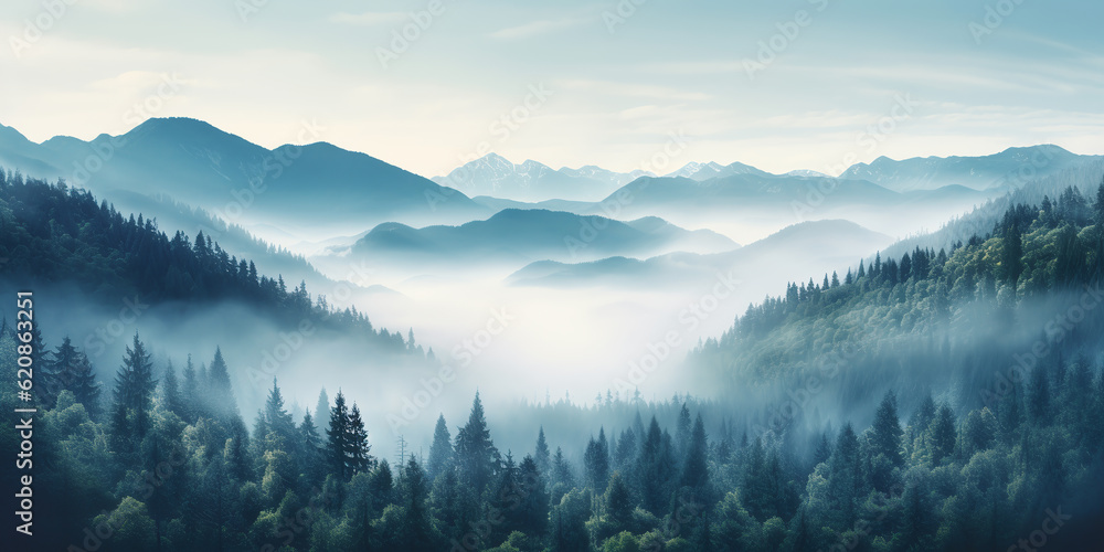 illustration mountain forest mist morning mystic. AI generative
