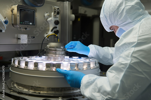 A man in a white suit and blue gloves working on a machine. Generative AI. Unrecognisable workers in protective wear working in cryogenic storage room. photo