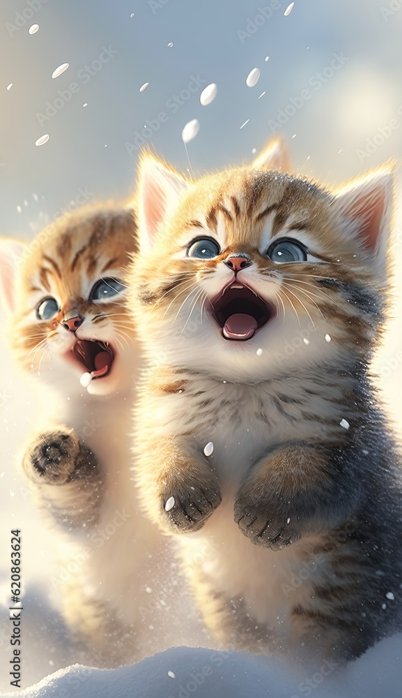 Two funny kittens in the winter.  Close-up of smiling cat faces. Falling snowflakes.  Great for greeting cards, kids illustrations. Generative AI