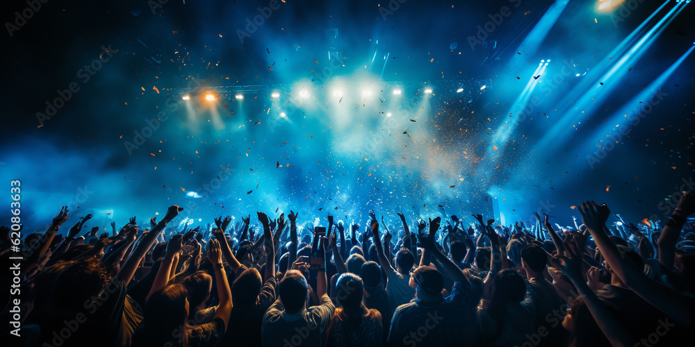 cheering crowd at rock concert in front of bright lights. ai generative - obrazy, fototapety, plakaty 