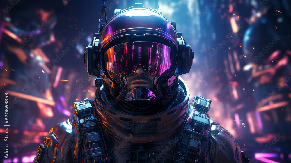 Retro futuristic illustration of an astronaut in a futuristic cyberpunk neon city. ai generative Retro futuristic illustration of an astronaut in a futuristic cyberpunk neon city. ai generative