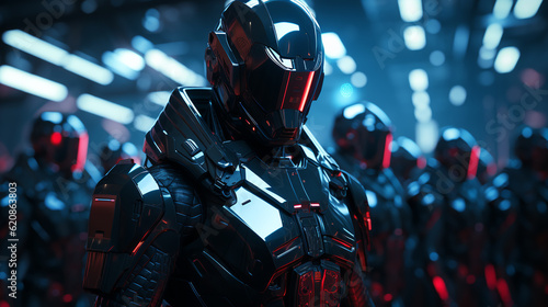 Futuristic space squad in protective armored suits. Interior of the spaceship at backdrop.ai generative