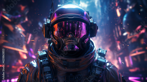 Retro futuristic illustration of an astronaut in a futuristic cyberpunk neon city. ai generative