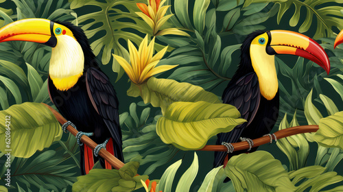 Seamless pattern of jungle hornbills with exotic tropical leaves. Vintage classic illustration wallpaper. Generative AI © ABC Vector