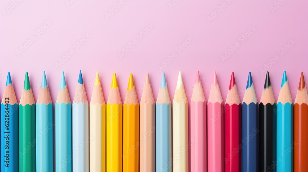 Closeup shot of colored pencils on a pink wall with copy space. Generative Ai Closeup shot of colored pencils on a pink wall with copy space. Generative Ai