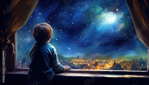 a kid watching out at big window open to galaxy sky, midnight time, idea for imagination and dream concept, Generative Ai
