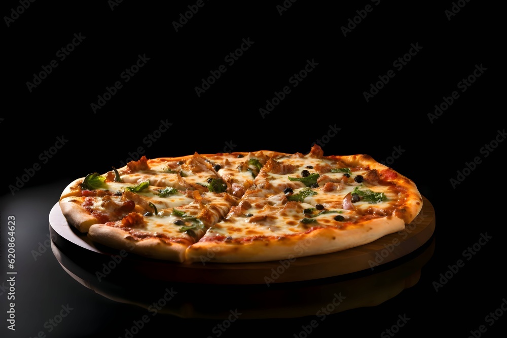 Photo of pizza on a wooden board and table, side view, black background.