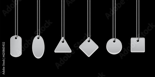 Steel medal set vector illustration. 3d silver necklaces with badges of square circle rectangle star shape hang on metal chain, glossy jewelry accessory, isolated dog or cat identification medallion
