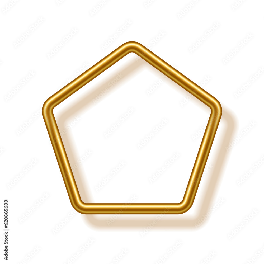 Gold pentagon shape frame for picture with shadow on white background. Blank space for picture, painting, card or photo. 3d realistic tube template vector illustration. Simple golden object mockup