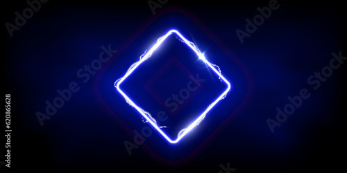 Magic blue rhombus of thunder storm blue lightnings. Magic and bright light effects electric border. Plasma frame with thunderbolt electricity lightning power effect on dark fog background