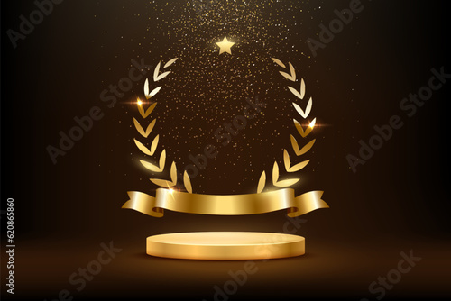 Foto Gold award round podium with laurel wreath, ribbon, star, shiny glitter and sparkles isolated on dark background