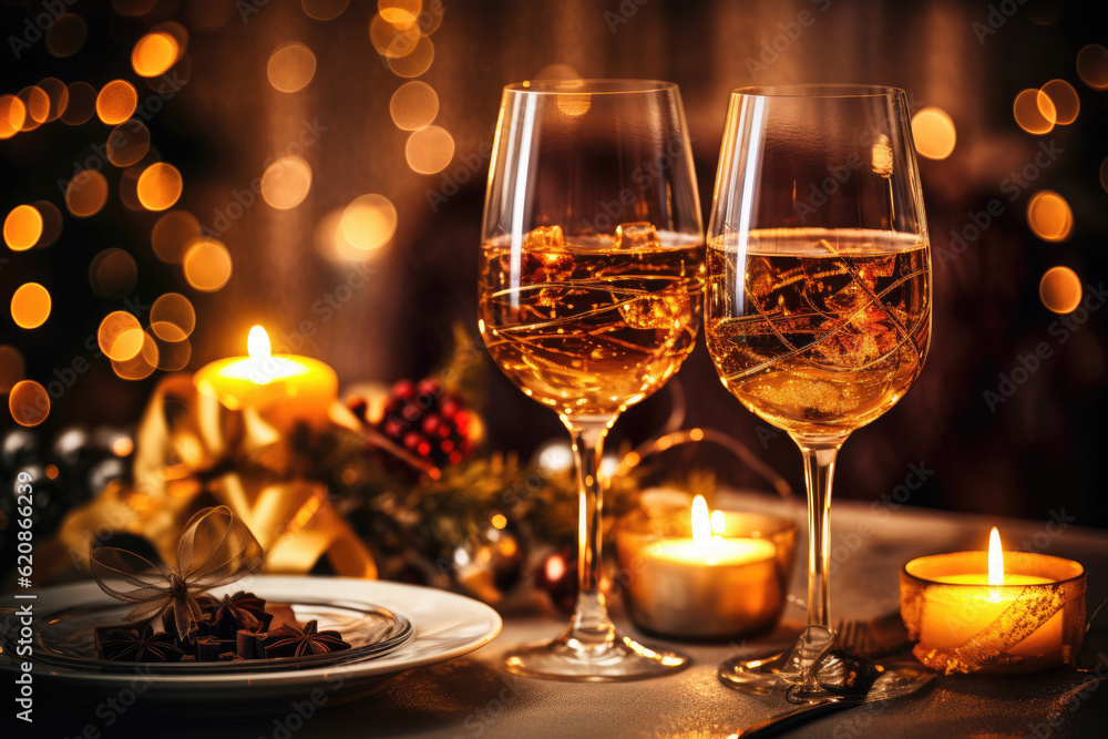 Beautifully decorated Christmas table with candles and glasses near the Christmas tree Beautifully decorated Christmas table with candles and glasses near the Christmas tree