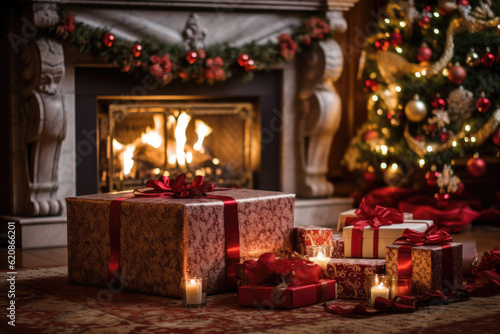 Beautiful Christmas gifts under decorated Christmas tree on floor in living room with fireplace