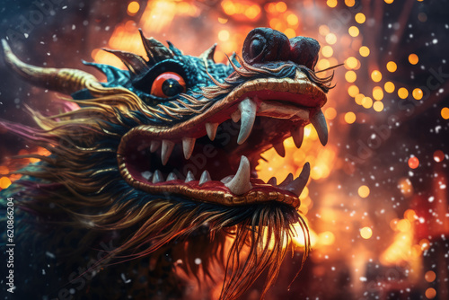 Closeup of Chinese dragon with golden lights in the background
