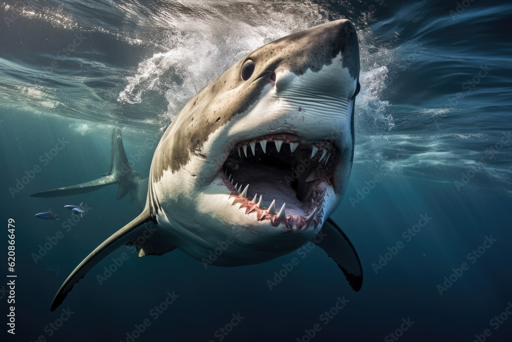 Obraz premium Closeup of scary big white shark swimming with other fishes in sunlight ocean waters