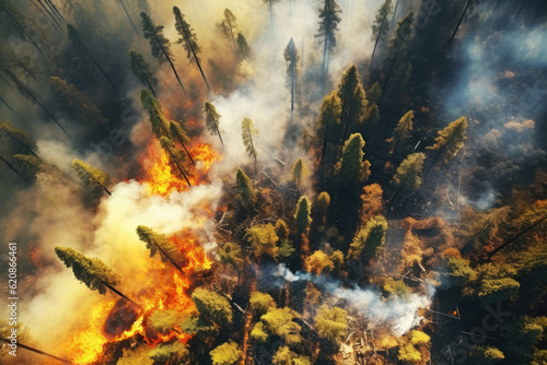 Bush forest wild fire, aerial drone view