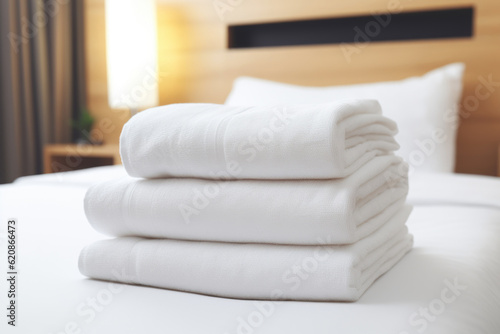 Pile of white towels on bed in bedroom or hotel